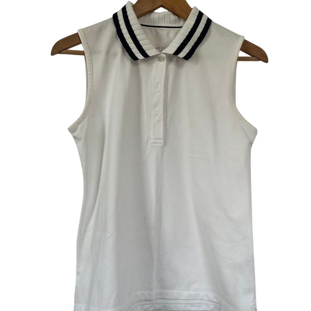 Tory Sport Sleeveless Performance Polo White Navy Striped Collar Size M Style